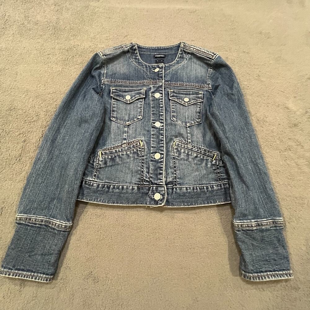 Y2K GAP Medium Wash Blue Collarless Button Up Denim Jacket Women's Size M